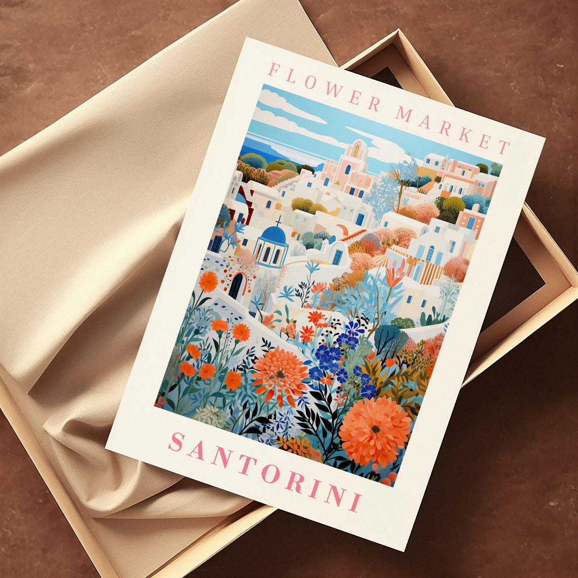 Santorini Flower Market Blue Domes White Village Travel Poster