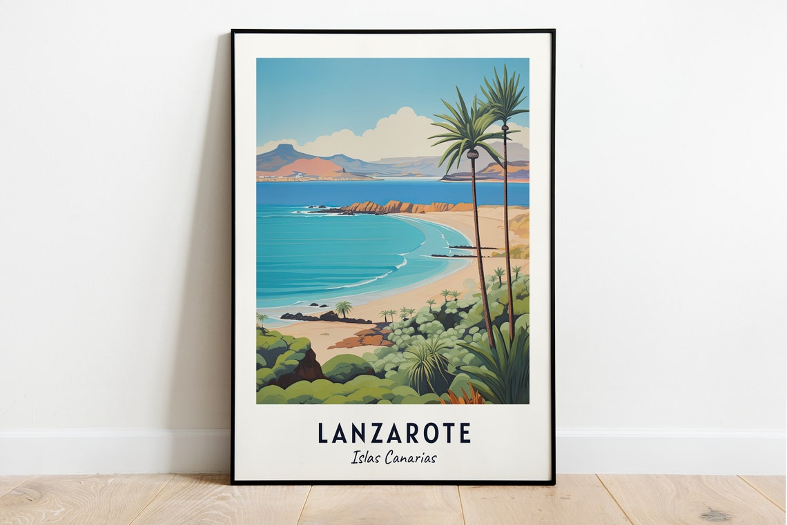 Lanzarote Canary Islands Beach Bay Palm Trees Sunset Travel Poster