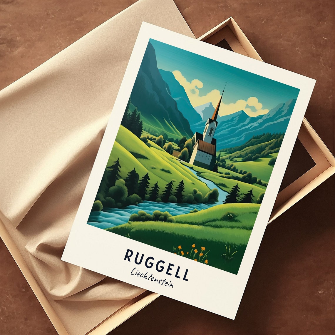 Ruggell Liechtenstein Chapel By A Winding River In The Valley Poster - Image 3