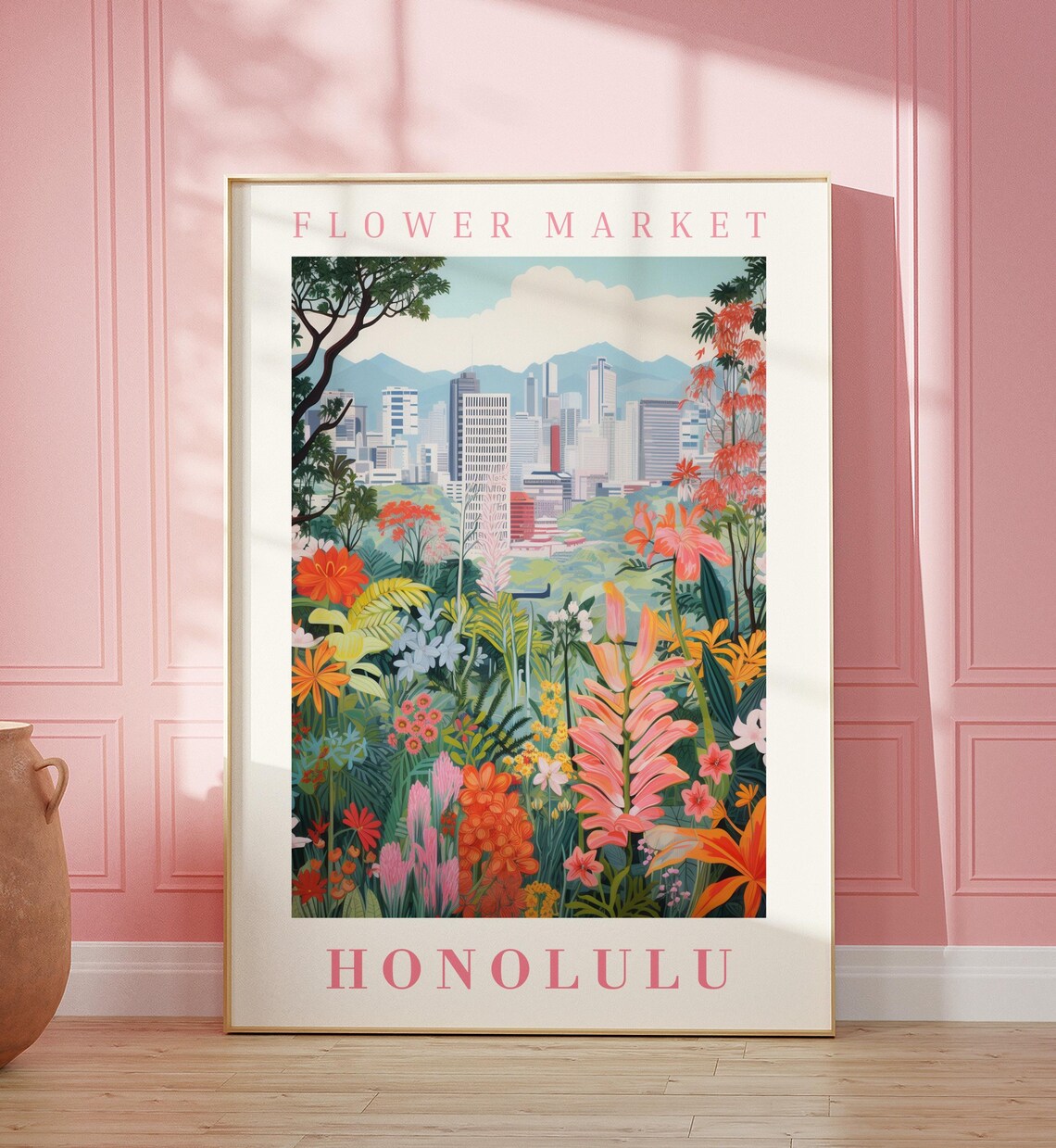 Honolulu Flower Market Poster with Tropical City Mountain Bloom Garden
