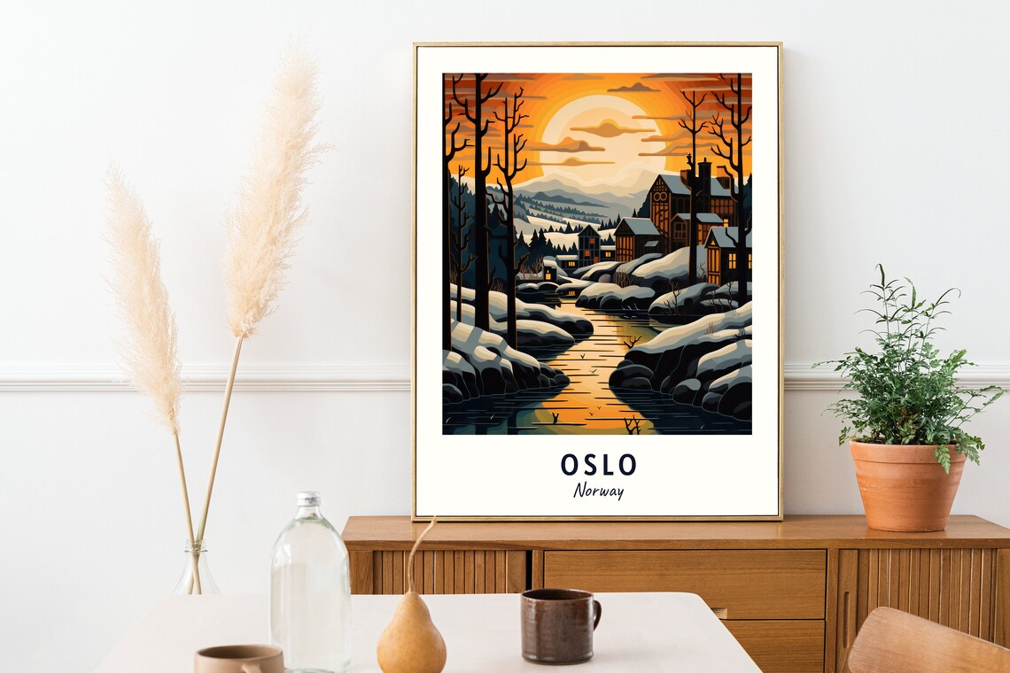 Oslo Winter River Village Sunset Snowy Riverbanks Travel Poster - Image 2