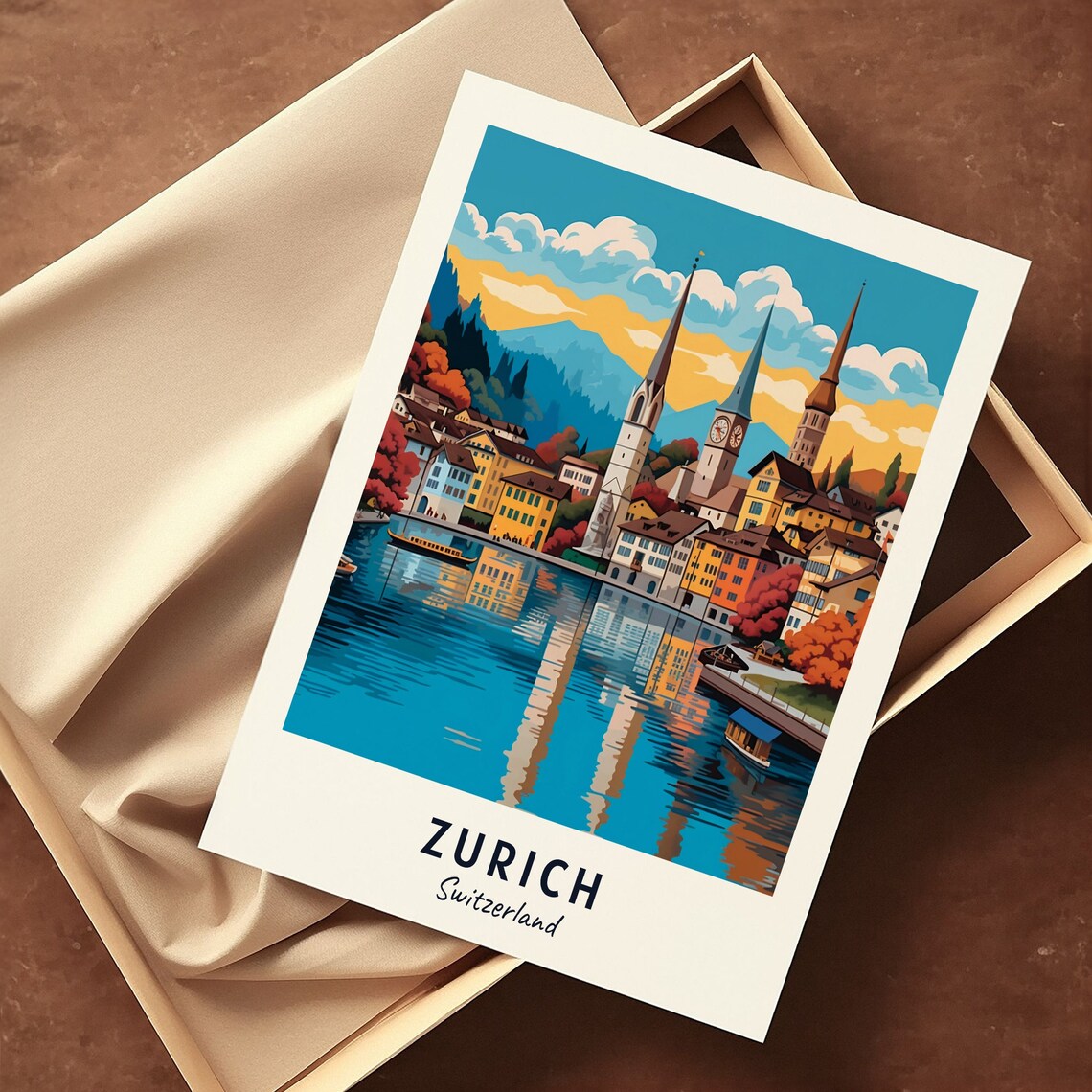 Zurich Daytime Lake Church Towers Mountain View Travel Poster - Image 3