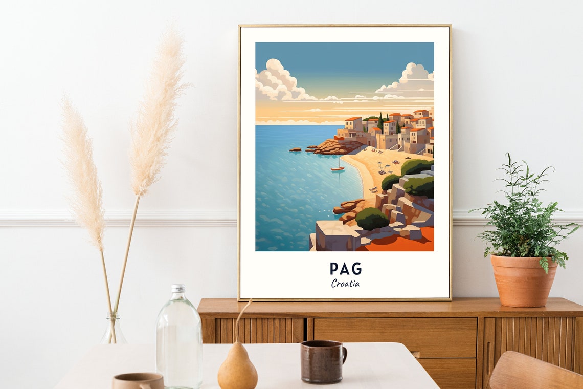 Pag Croatia Golden Hour Beach Town Sailboat Calm Blue Sea Poster - Image 2