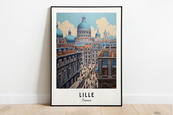 Lille Domed Old Town Rooftops Busy Street Scene Travel Poster