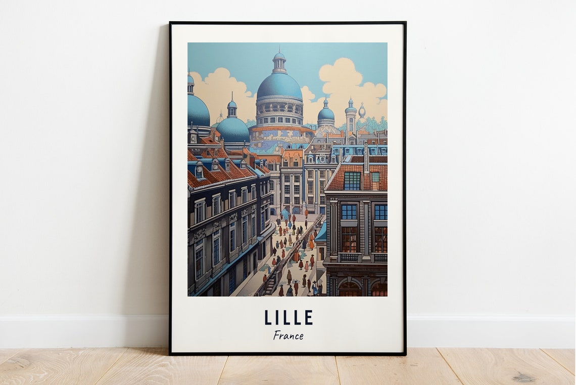 Lille Domed Old Town Rooftops Busy Street Scene Travel Poster