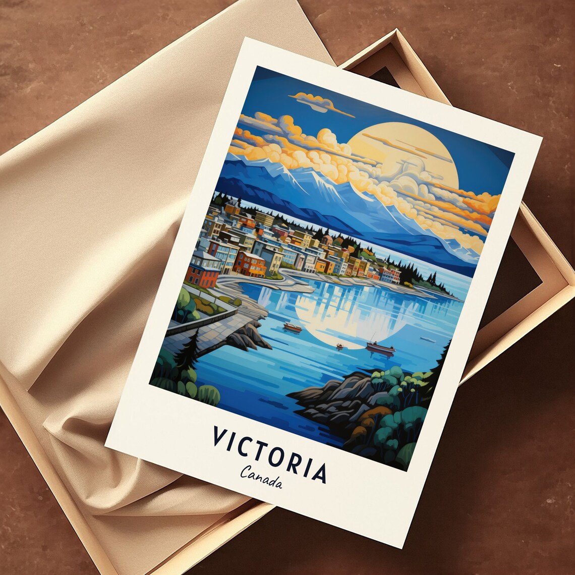 Victoria Canada Moonlit Harbor Boats Mountains Evening View Poster - Image 3