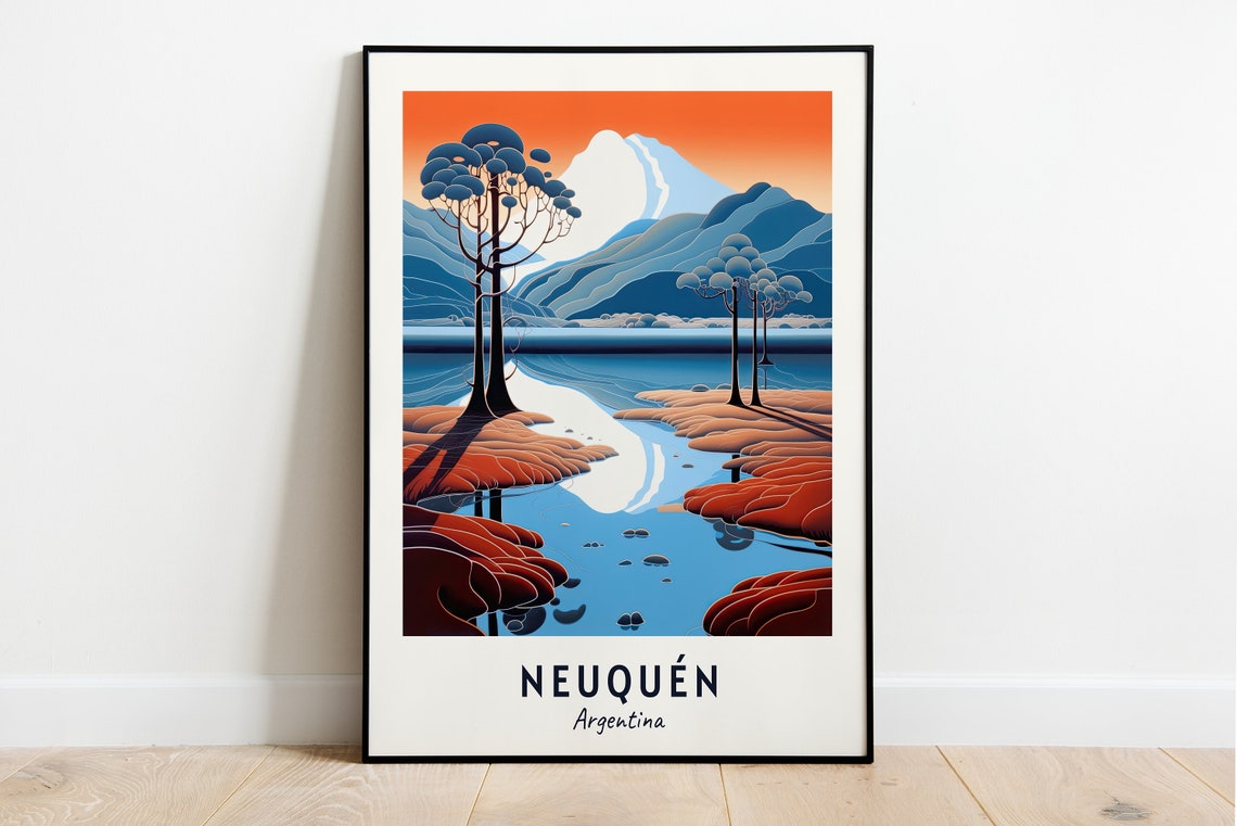 Neuquen Argentina Sunset Over Snow Capped Peak And Mirror Lake Poster
