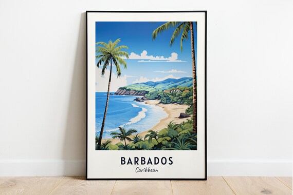 Barbados Caribbean Palm Fringed Beach Cliffs Daytime Travel Poster