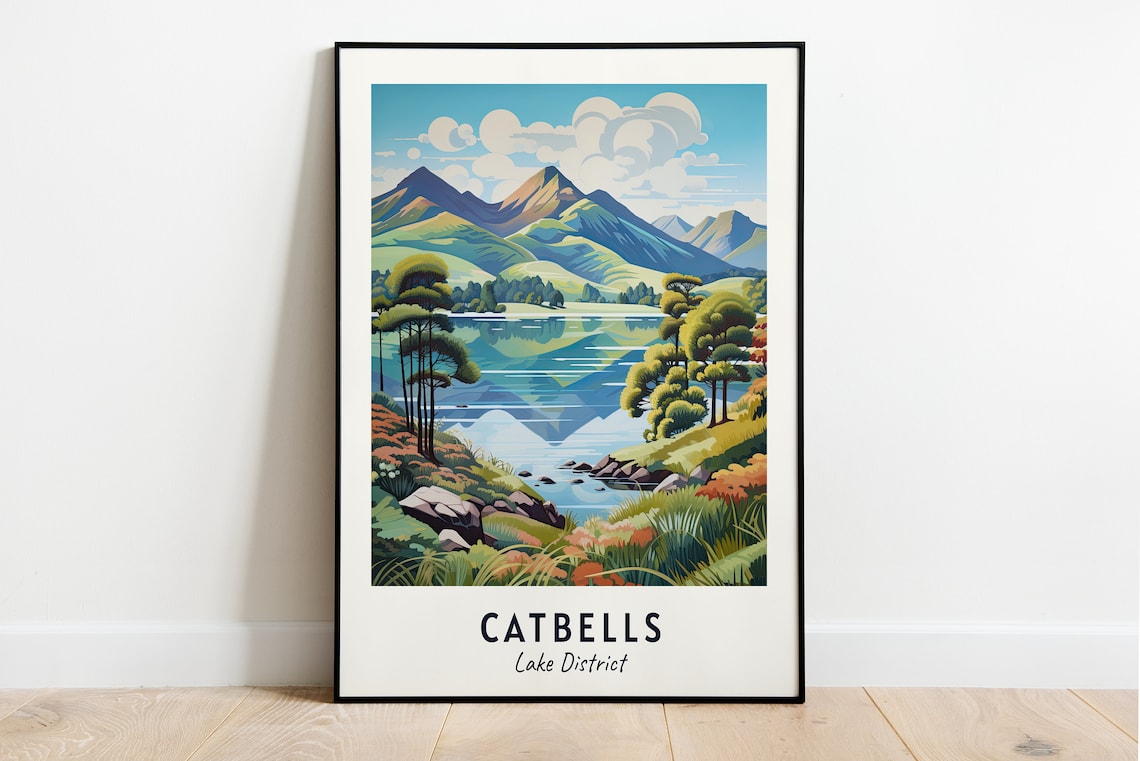 Catbells Lake District Travel Poster, Place Print