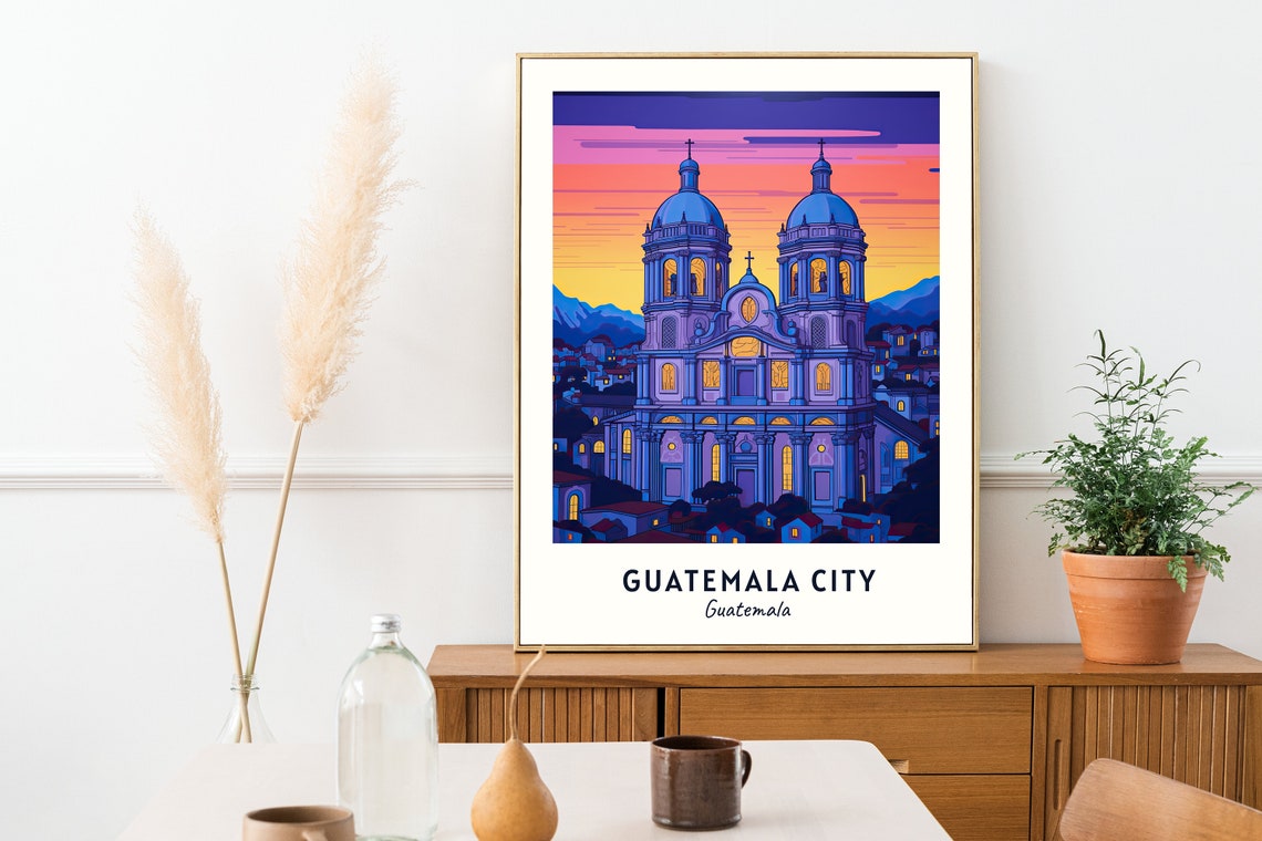 Guatemala City Cathedral at Sunset Dusk Skyline Travel Poster - Image 2