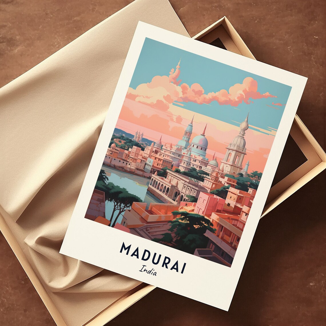 Madurai India Temple Towers Sunset Skyline Sacred City Travel Poster - Image 3