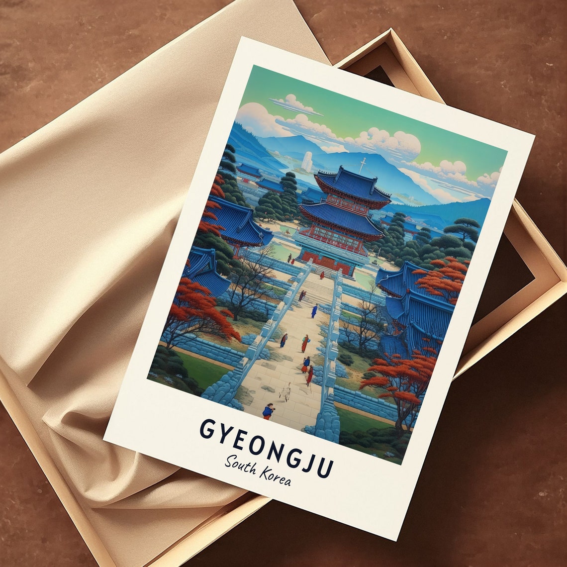 Gyeongju South Korea Ancient Temple Blue Roofs Mountain Travel Poster - Image 3