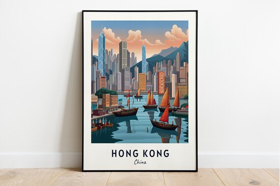 Hong Kong Victoria Harbour Sunset Skyline Illustrated Travel Poster