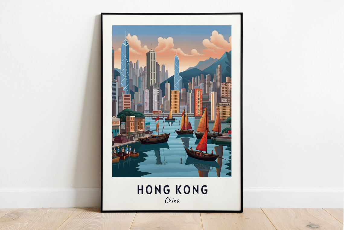 Hong Kong Victoria Harbour Sunset Skyline Illustrated Travel Poster