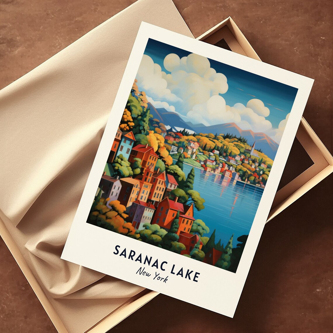 Saranac Lake New York Autumn Lakeside Village Scenic Travel Poster - Image 3