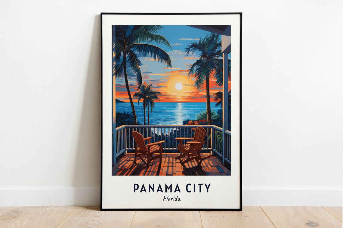Panama City Florida Beach Sunset Porch Chairs Ocean Travel Poster