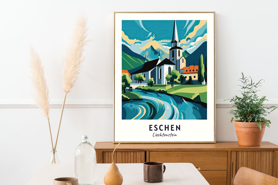St Martins Church Riverside View Eschen Liechtenstein Travel Poster - Image 2