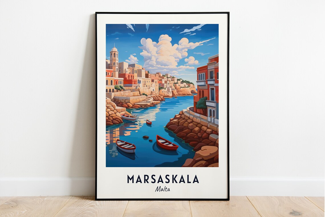 Rocky Coastal Inlet with Red Fishing Boats Marsaskala Malta Poster