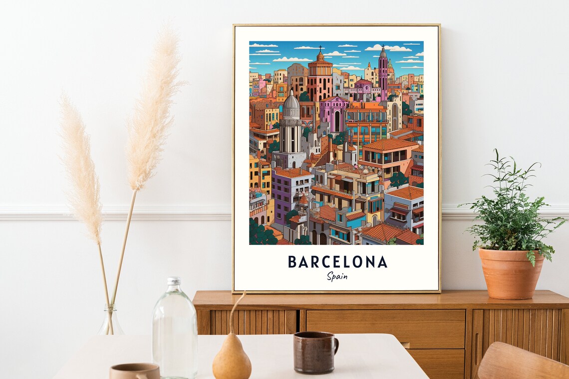 Barcelona Colorful Cityscape Church Towers Daytime Travel Poster - Image 2