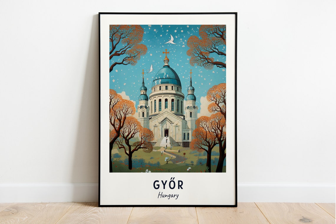 Győr Hungary Domed Cathedral Autumn Trees Retro Travel Poster