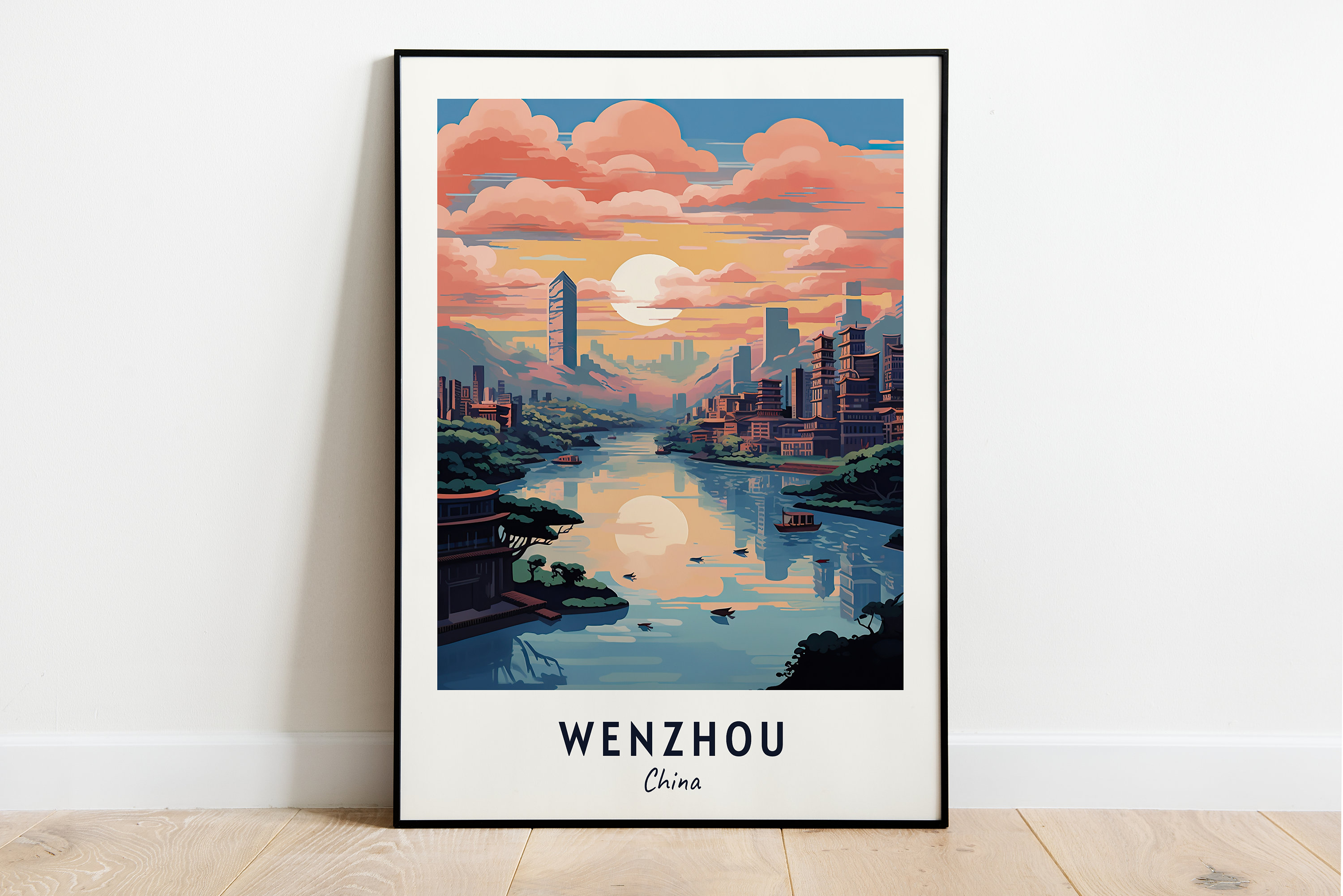 Wenzhou China River Sunset Skyline Pagoda Golden Hour Travel Poster