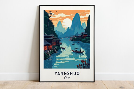 Yangshuo China Karst River Sunset Travel Poster Scenic Artwork