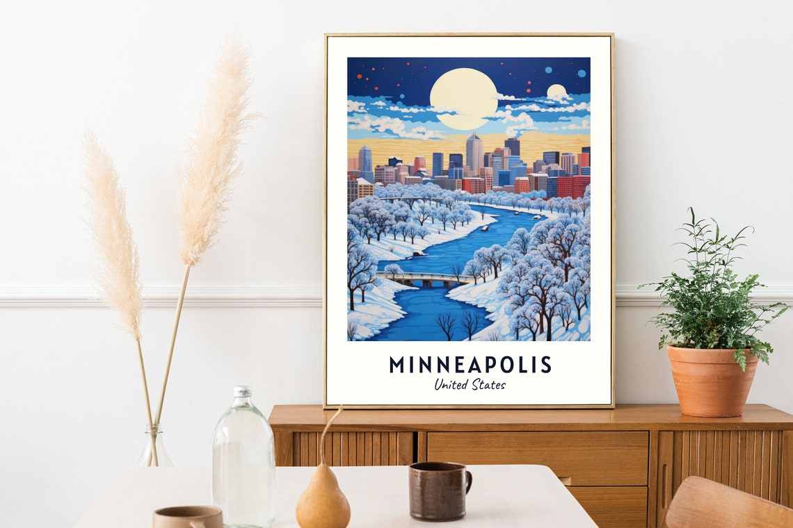 Minneapolis Minnesota Winter Night River Snowy Skyline Poster - Image 2