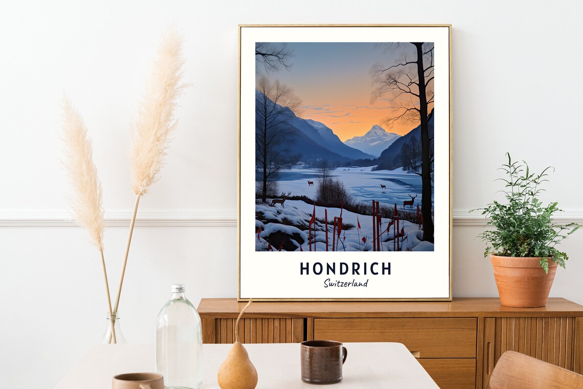 Hondrich Switzerland Winter Lake Sunset Deer Alpine Travel Poster - Image 2