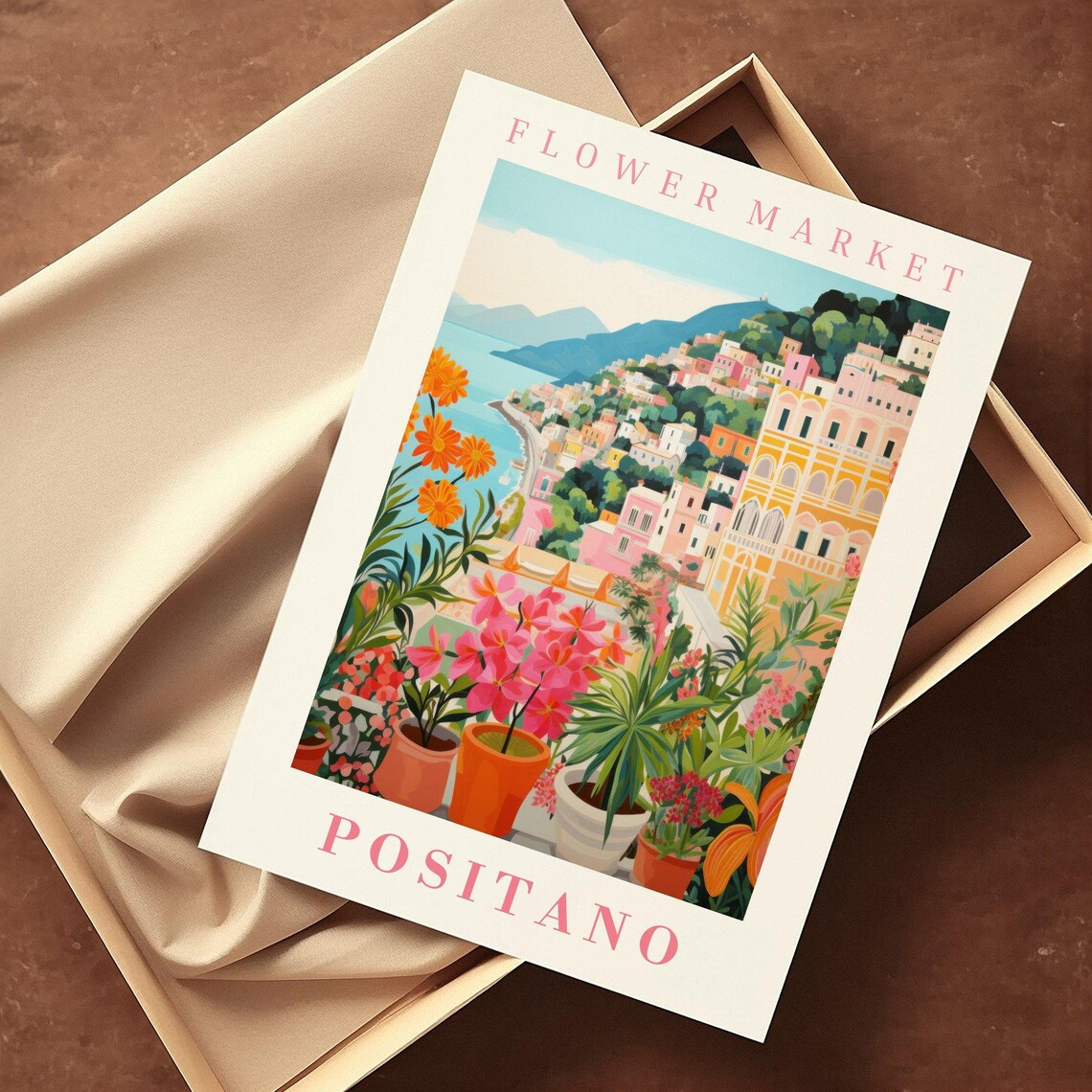 Positano Flower Market Poster Amalfi Cliffside Potted Blooms - Image 2