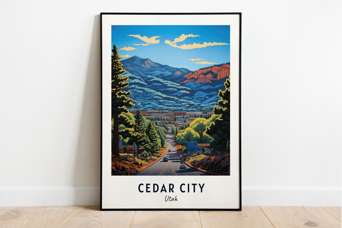 Cedar City Utah Mountain Road Red Rock Cliffs Desert Travel Poster