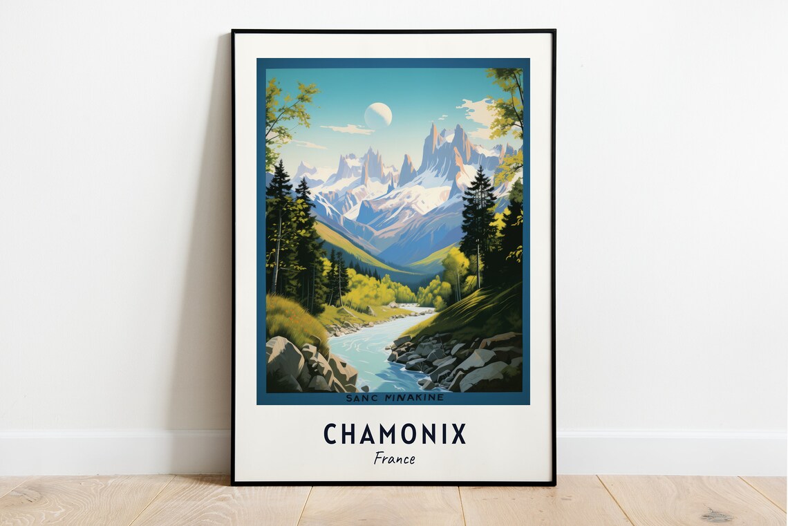 Chamonix France Alpine Peaks Valley River Mountain Travel Poster