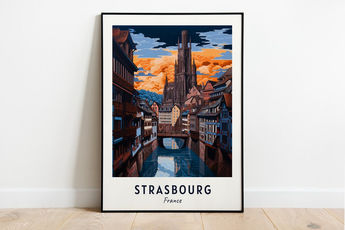 Strasbourg France Sunset Cathedral Canal Reflection Art Travel Poster