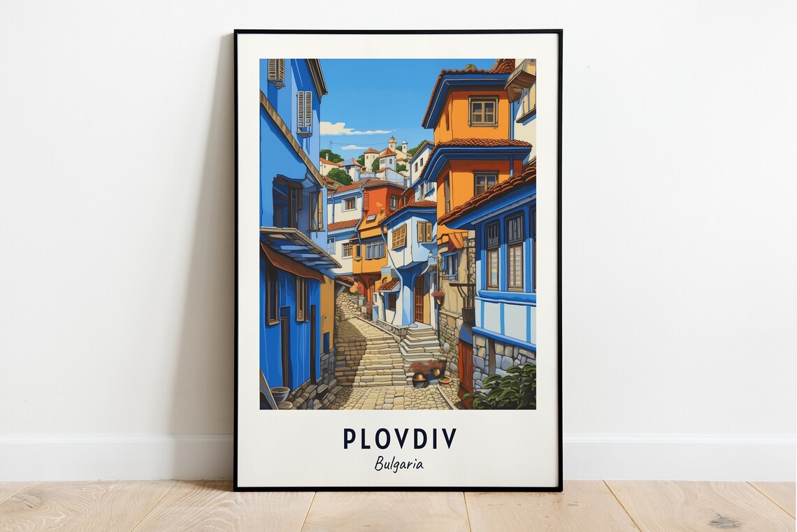 Plovdiv Bulgaria Colorful Old Town Street With Stone Steps Travel Poster