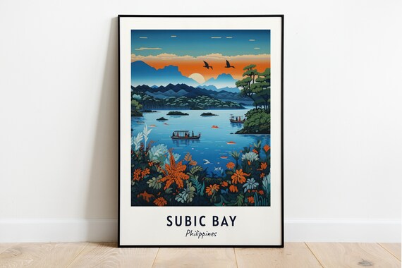 Subic Bay Philippines Sunset Harbor Boats Flowers Travel Poster