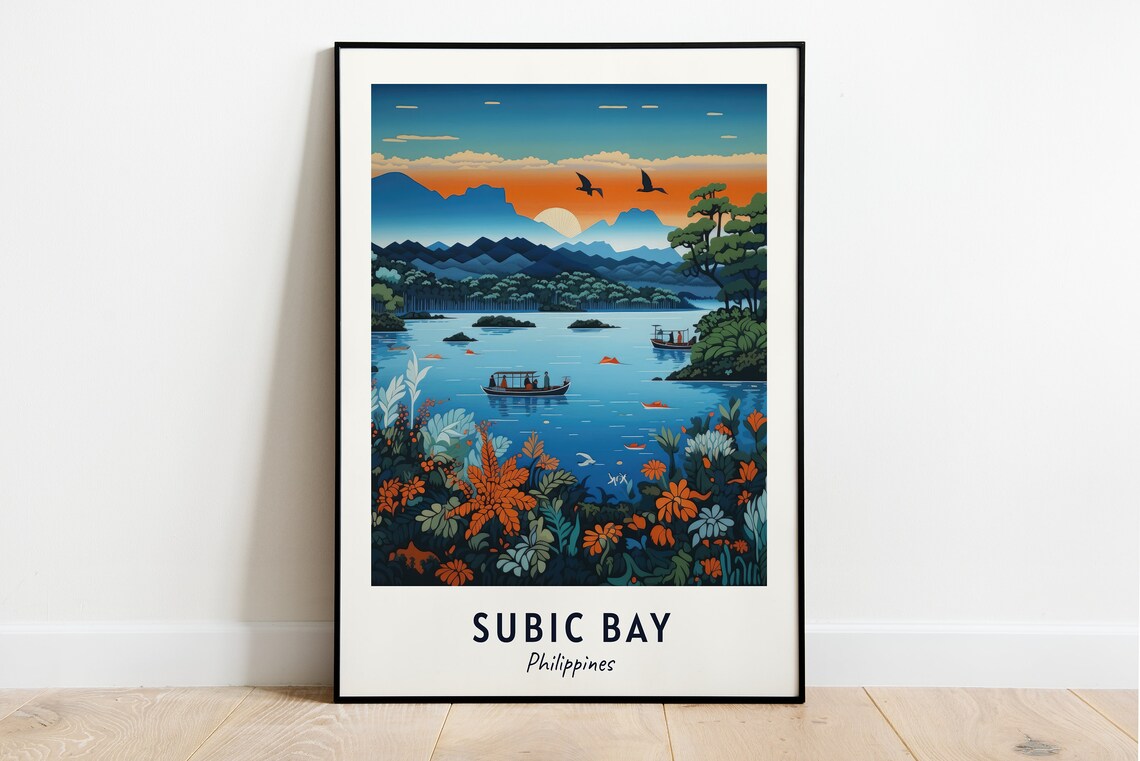 Subic Bay Philippines Sunset Harbor Boats Flowers Travel Poster