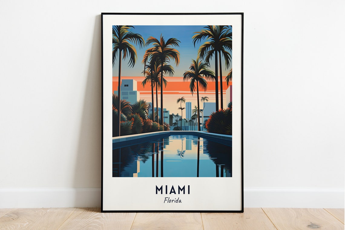 Miami Florida Resort Pool at Sunset with Palm Trees Travel Poster