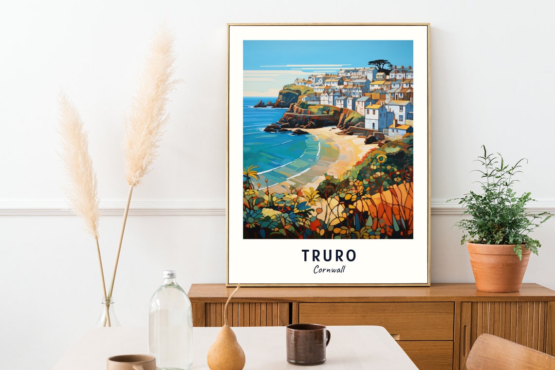Truro Cornwall Cliffside Harbor Town With Golden Beach Art Poster - Image 2
