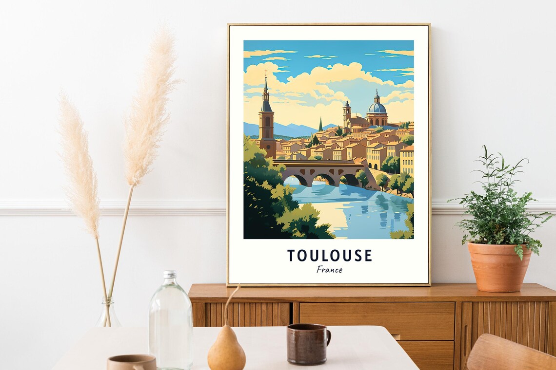 Toulouse France Garonne River Stone Bridge Sunset Travel Poster - Image 2
