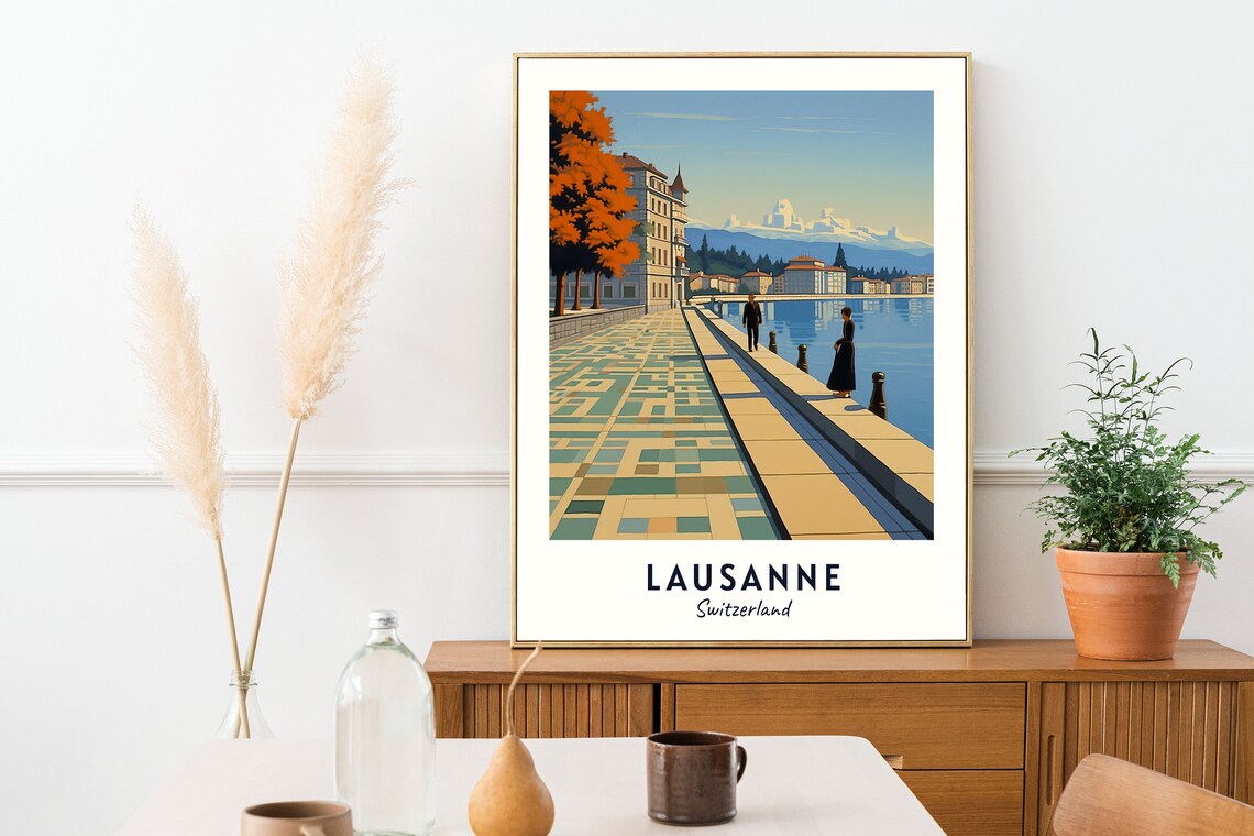 Lausanne Switzerland Lakeside Promenade Autumn Travel Poster - Image 2