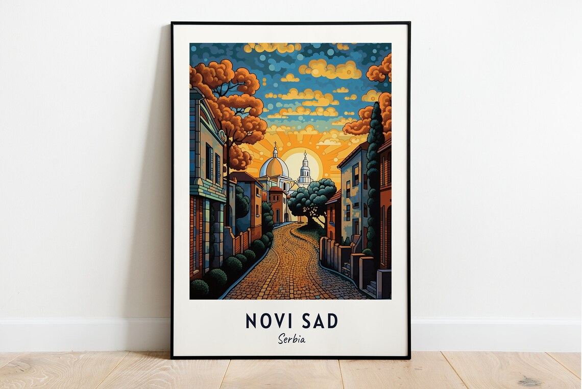 Novi Sad Cobblestone Street Sunrise Domed Church Travel Poster