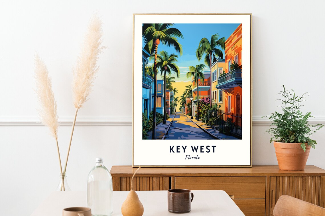 Key West Florida Palm Lined Street And Colorful Sunset Houses Poster - Image 2
