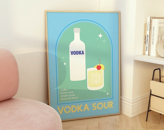 Vodka Sour Cocktail Recipe Retro Bar Cart Blue Green Art Poster