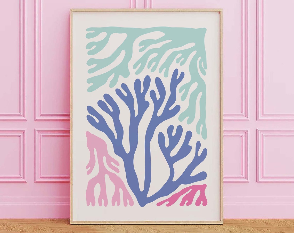 Blue Pink Teal Abstract Coral Seaweed Ocean Poster For Coastal Decor
