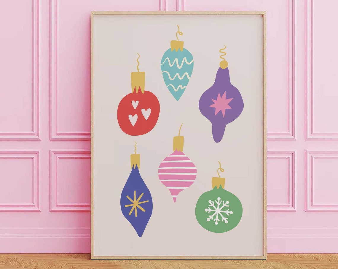 Christmas Ornaments Print Art Trendy Boho Christmas Prints Cute Holiday Wall Decorations Christmas Baubles Wall Art