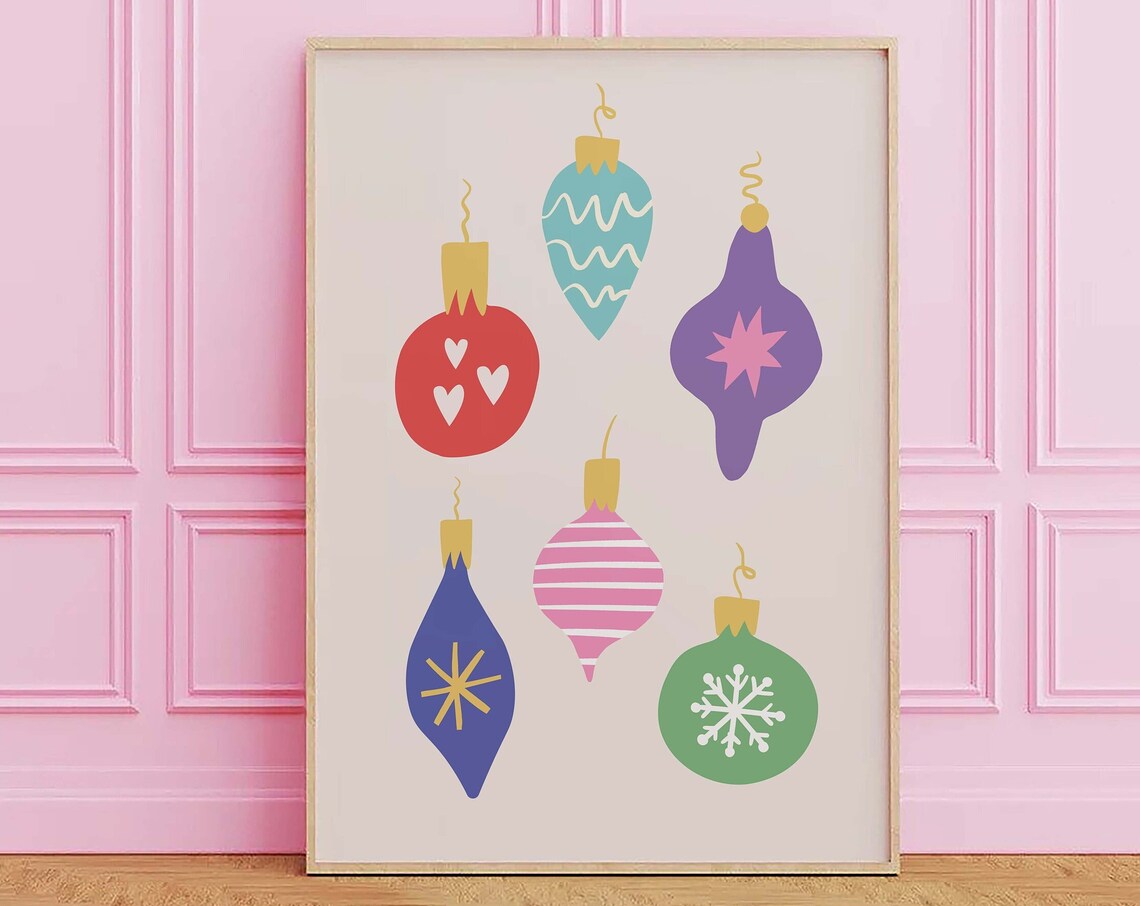 Pastel Christmas Ornaments Holiday Bauble Illustration Wall Print