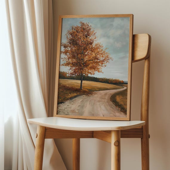 Maple Tree Fall Landscape Print Cozy Autumn Wall Art