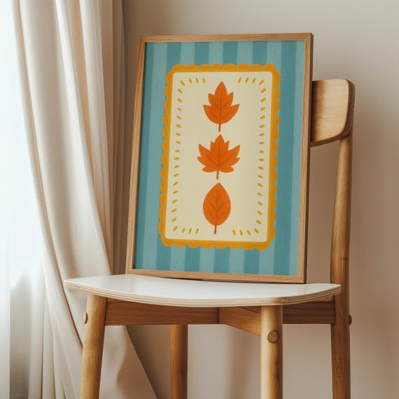 Modern Fall Leaf Print Blue Orange Minimalist Wall Art