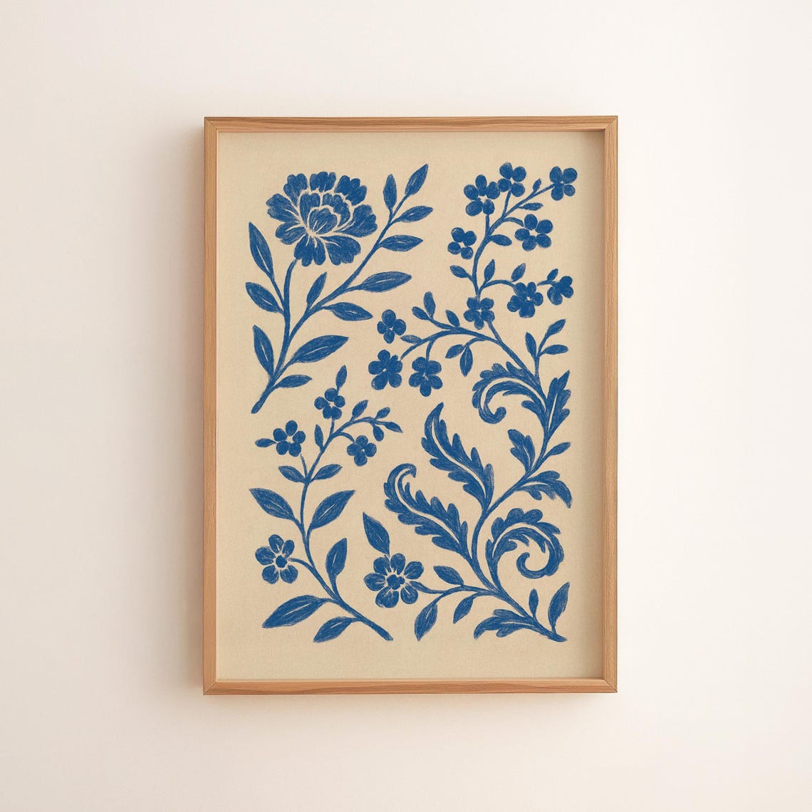 Cobalt Blue Chinoiserie Floral Botanical Cream Background Poster