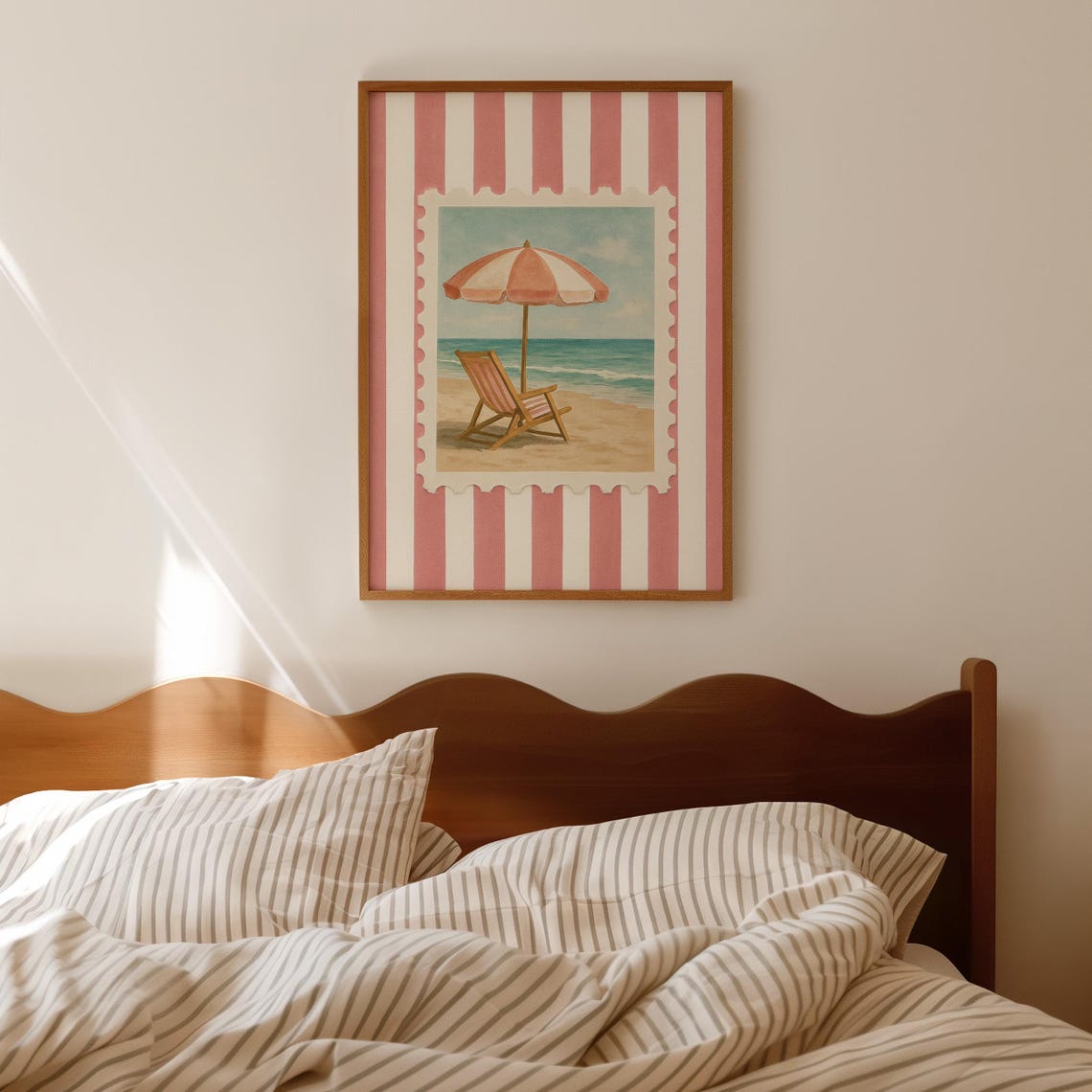 Pink Stripe Beach Umbrella Chair Stamp Coastal Bedroom Print