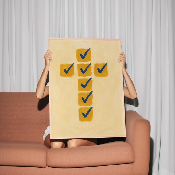 Mustard Yellow Navy Checkmark Cross Christian Faith Art Print